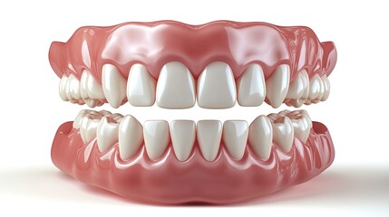 Obraz premium Realistic photo of teeth with white and pink coloring, front view, on an isolated white background 