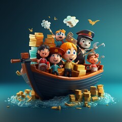 Naklejka premium Cute characters on a currency boat navigating economy concept of forex