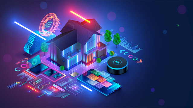 Smart home controlled phone or smart speaker. Smart home technology of house automation system. House standing around phone, smart speaker, wireless connections devices. IOT. AI home voice control.