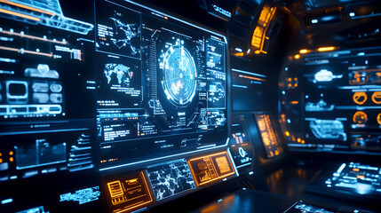 Obraz premium futuristic interface filled with floating holographic displays and interactive elements