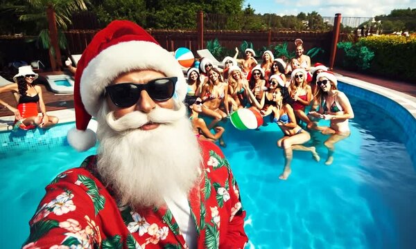 Santa Claus partying with women in swimming pool on a vacation as Christmas Party event.