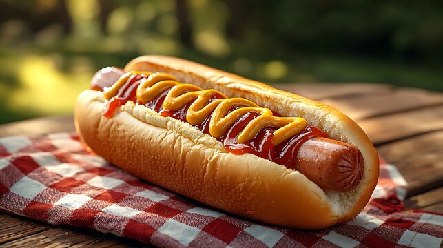 A classic hot dog with mustard and ketchup, served on a red and white checkered picnic blanket.