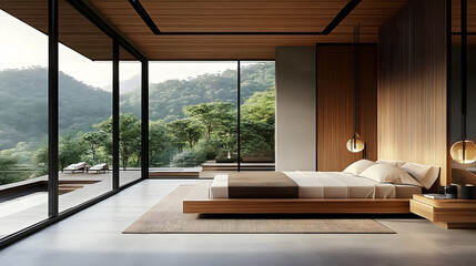 Obraz premium Modern bedroom with large windows offering a view of lush greenery and mountains.