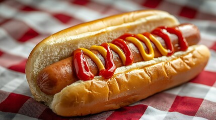 A hot dog topped with mustard and ketchup, set against a nostalgic red and white checkered tablecloth.