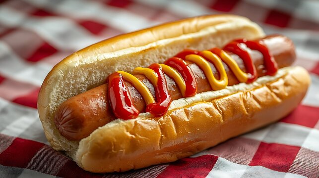 A hot dog topped with mustard and ketchup, set against a nostalgic red and white checkered tablecloth.