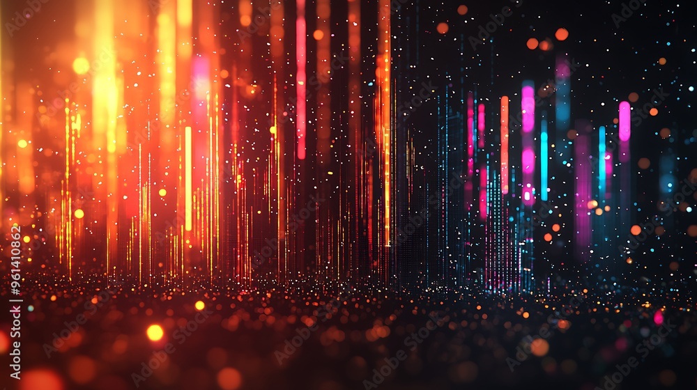 Aufkleber an abstract background filled with glowing lines, bokeh lights, and sparkles, creating a dynamic vis