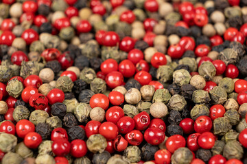 A mixture of different peppercorns white, black, red and green peppers spices.