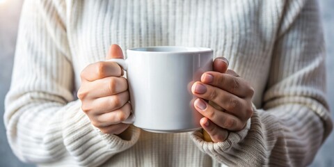 Hands cradle a pristine white coffee mug, the gentle curves and lines of the ceramic vessel a perfect