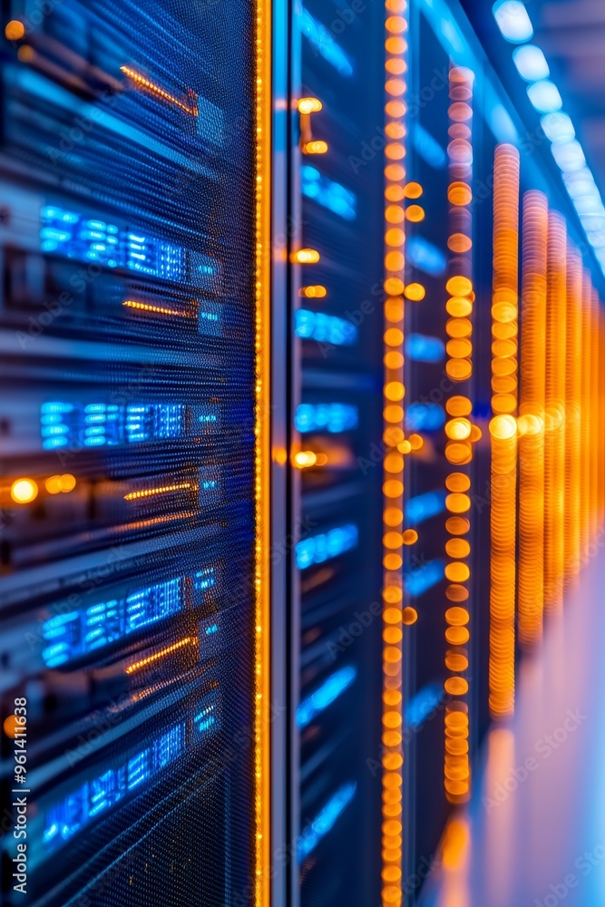 Poster a futuristic data center with rows of glowing servers and cables neatly organized