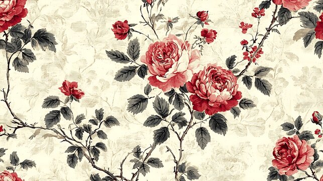 A vintage seamless pattern of red roses and leaves on a cream background, classic and romantic.