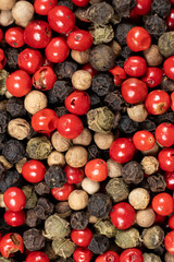 Background of a mix of colorful peppercorns top view