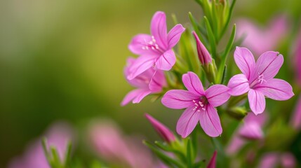 Fototapeta premium A tight shot of a pink bloom atop its green-leafed stem, surrounded by blurred background