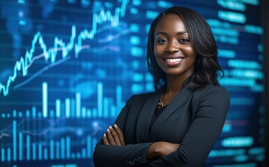 A beautiful, well-dressed Black businesswoman standing in front of a stock market chart with an arrow pointing upward.