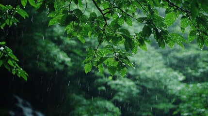 Rain Falling Through Green Leaves in a Forest