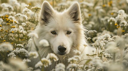 Naklejka premium A tight shot of a dog amongst a sea of yellow and white wildflowers