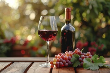 Verre de vin rouge, avec grappe de raisin, arri&egrave;re plan flou.