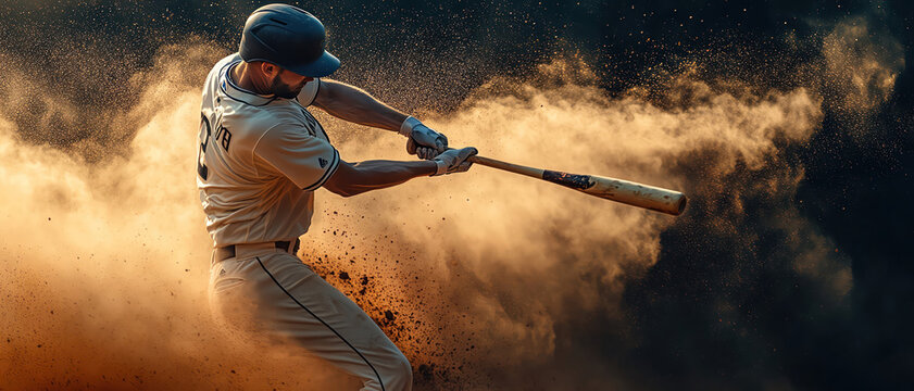 Baseball player midswing, bat connecting with the ball, dust flying