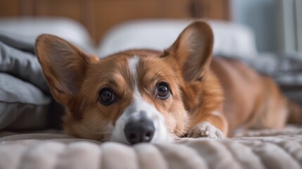  A brown-and-white dog rests atop a bed, near a wooden headboard with a pillow atop it