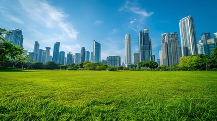 A vibrant green park with a city skyline in the background under a clear blue sky.