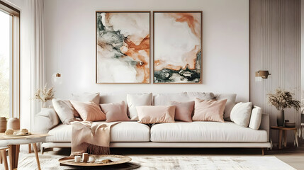 Fototapeta premium Modern living room with a cozy sofa and abstract art on the walls.