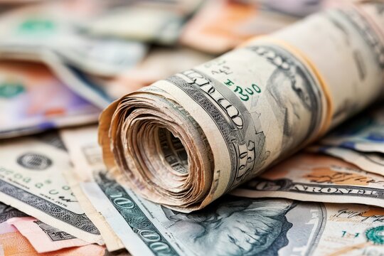 A close-up shot of rolled US dollar bills placed on a pile of scattered currency, symbolizing wealth, financial transactions, or economic prosperity.