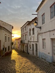 sunset in the city. old houses