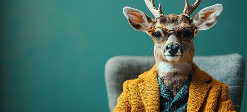 A modern deer in a business suit and sunglasses, perfect for creative holiday campaigns or promotional material for festive business events, with copy space.