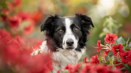 Fototapeta premium A tight shot of a dog among red flowers in the foreground, blurred background