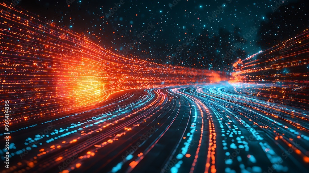 Poster abstract glowing lines form a digital technology background, filled with the energy of data and inno
