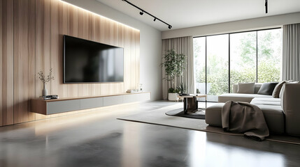 Modern living room with a TV, natural light, and stylish decor.