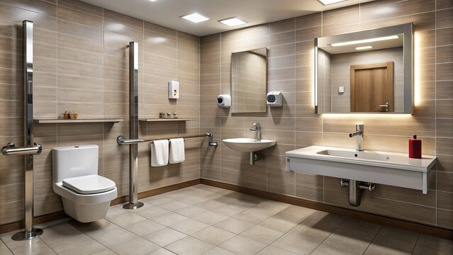 Accessible bathroom stall with grab bars, lowered sink, and emergency alert system, designed for comfort and safety, with a clean and modern aesthetic.