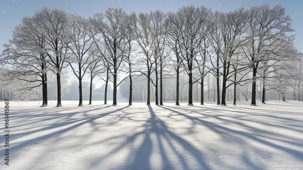 Poster Winter Wonderland Scenic View of Snow Covered Field and Trees Casting Long Shadows on a Sunny Day.