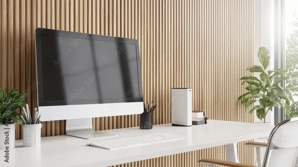 Poster modern home office workspace with computer keyboard and minimalist decor