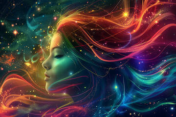 Cosmic silhouette of a woman with radiant hair flowing into the universe, showcasing the blend of humanity and celestial wonders.