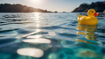 A yellow rubber duck drifts on tranquil water while the sun sets in the background