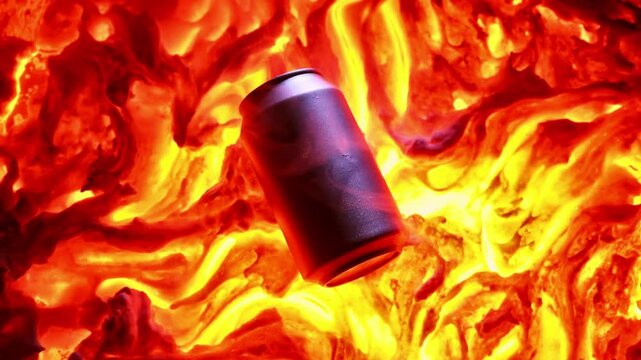 Aluminum cool can against colorful foliage, like fiery lava, creating surreal visually striking image for drink promotion. Advertisement for branding and product placement, mockup. Beer, energy drinks