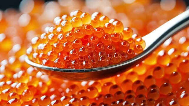 A spoon backdrop with red caviar. Salmon fish roe and caviare in close-up