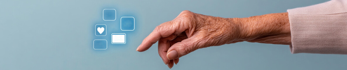 Fototapeta premium An elderly hand interacts with digital icons against a calm background, symbolizing technology and connectivity in aging.