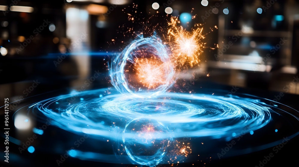 Poster a captivating hologram displaying a 3d model of a dynamic particle collision within a physics simula
