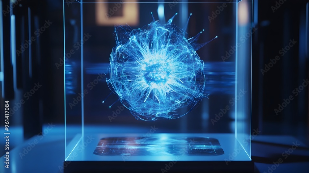 Poster holographic projection showcasing a 3d simulation of particle collision dynamics within a physics re