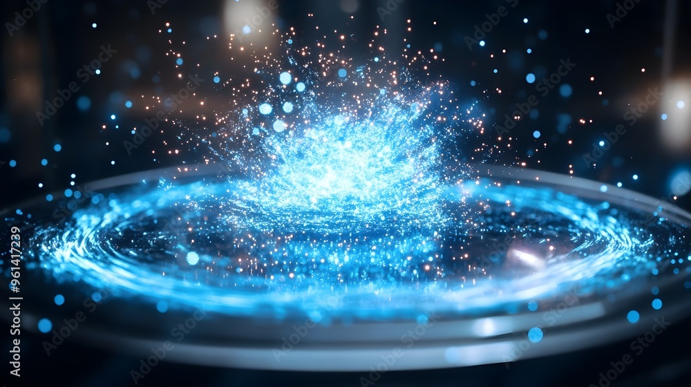 Poster a breathtaking holographic 3d display showcasing a dynamic particle collision simulation