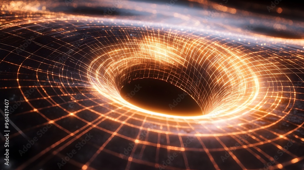 Poster holographic visualization of the curvature of space time around a black hole showcasing a physics mo