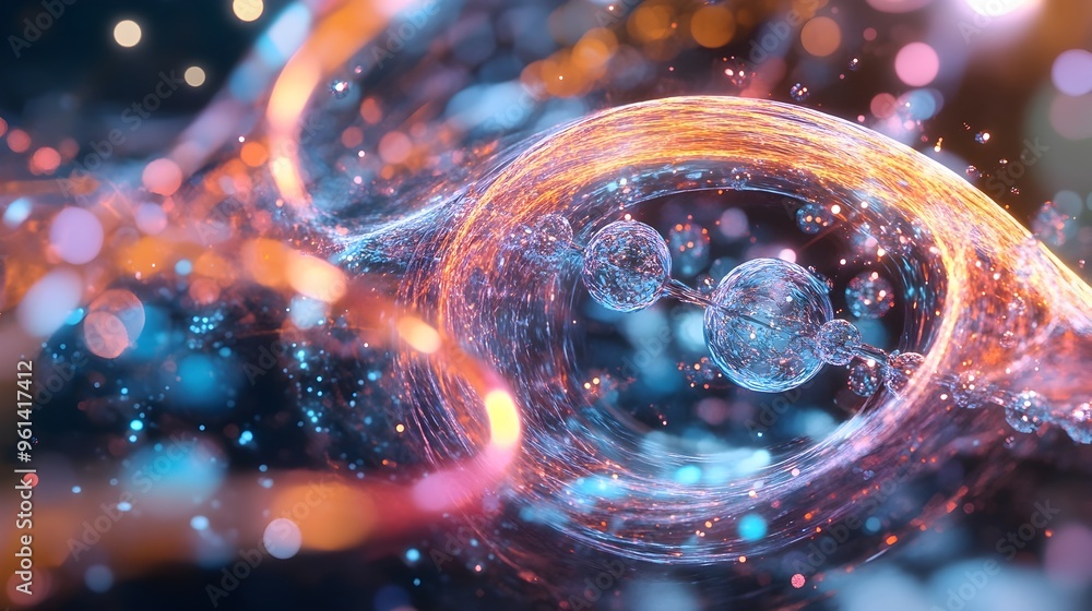 Poster holographic visualization of a quantum mechanics simulation showcasing the movement and interaction 