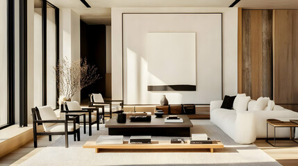 Modern living room with minimalist design and natural light.