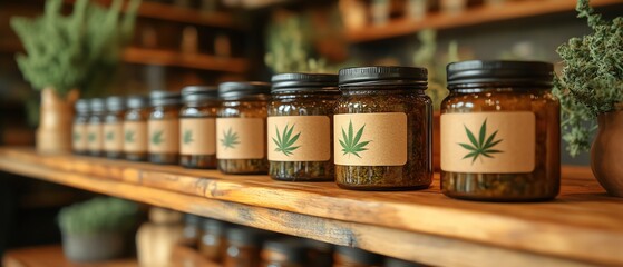 Glass jars with cannabis leaf labels neatly arranged on wooden shelves in a cozy shop