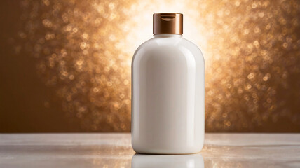 Elegant white bottle with a brown cap positioned in front of a glittering gold background, perfect for premium brands.