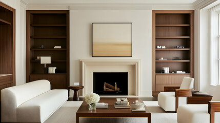 Modern living room with minimalist design, featuring a fireplace and wooden shelves.
