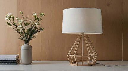 White Flowers in Vase Beside Wooden Table Lamp on a White Tabletop