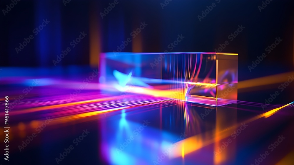 Poster Hologram Simulation Visualizing the Double Slit Experiment in Quantum Physics  A futuristic conceptual image showcasing the interference pattern and wave particle duality of light in a technological