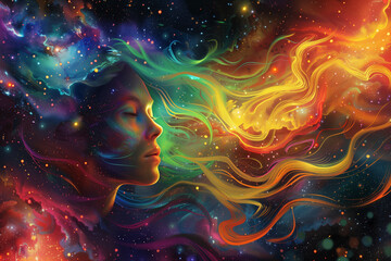 Dreamy cosmic woman with flowing rainbow-colored hair merging into the stars, symbolizing cosmic connection, creativity, and imagination.